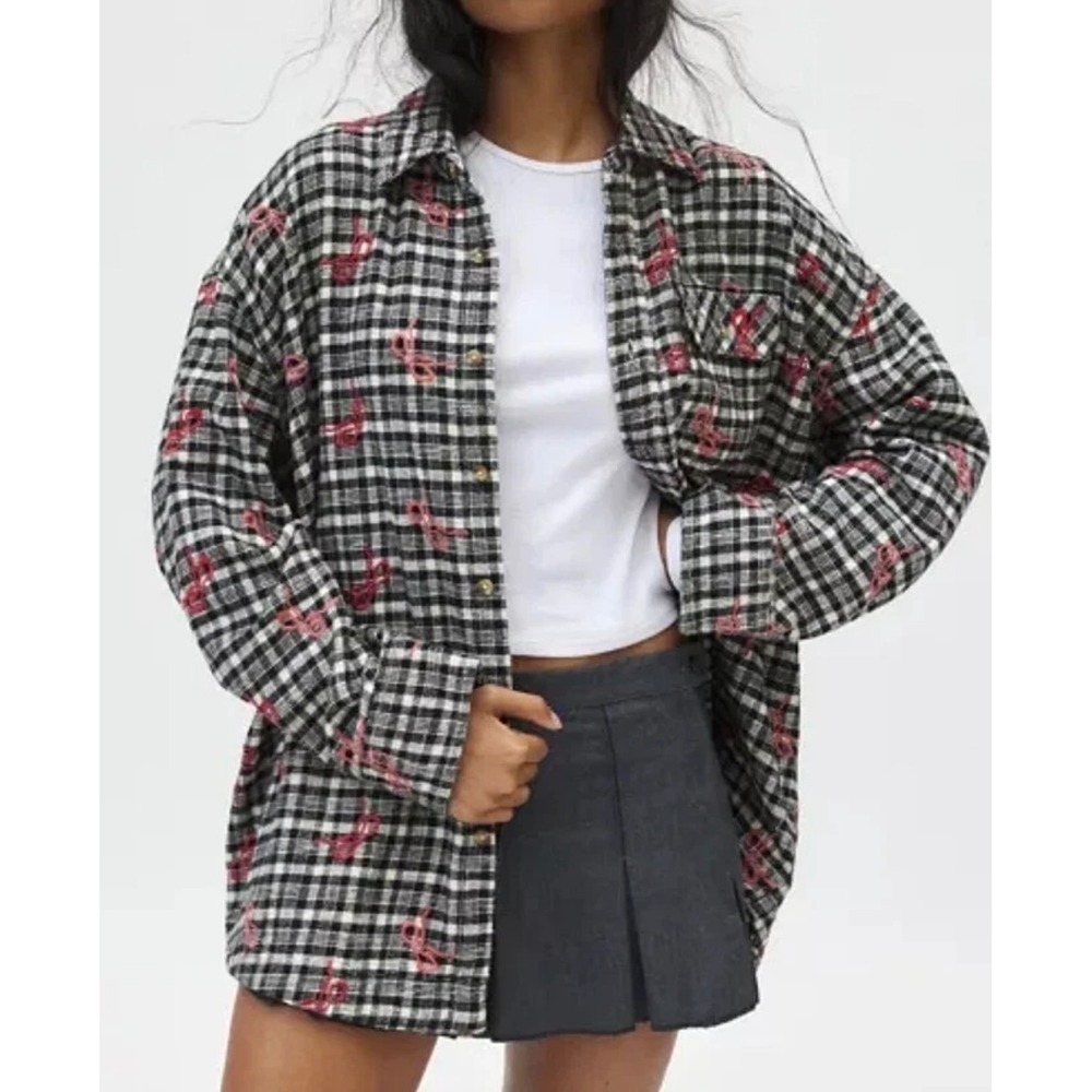 BDG Womens Dani Embroidered Bow Gingham Plaid Flannel Oversized Shacket‎ Size M